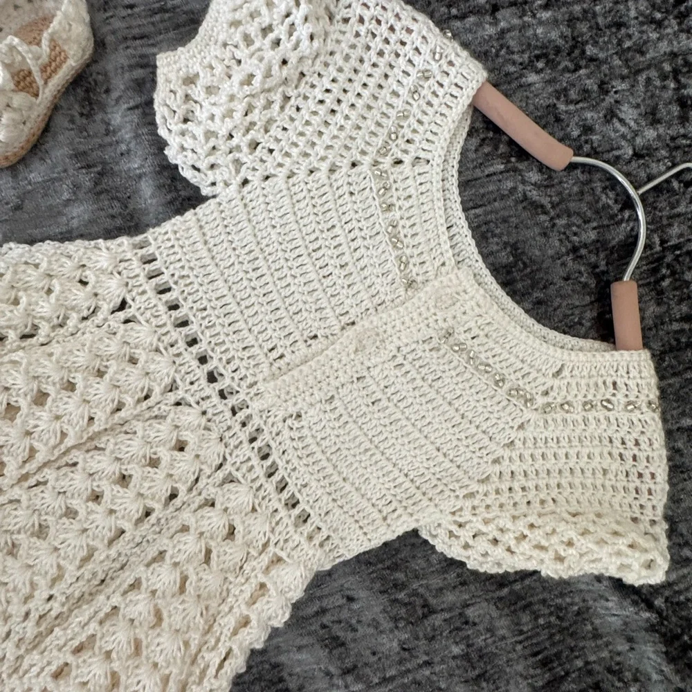 Cream Crochet Baby Dress with Shoes